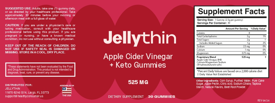JellyThin consumer reviews complete supplement facts label ACV BHB ingredients panel